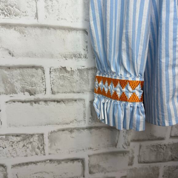 CK Bradley Striped Long Sleeve Blue/ White Blouse Orange Embroidery Women's XS - Picture 3 of 6